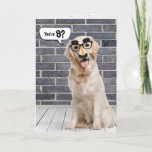 9.ª Funny Tarjeta Golden Retriever de cumpleaños<br><div class="desc">Un usuario de oro con una divertida máscara de bigote en la pared de ladrillo gris y el suelo de madera con burbuja de habla por noveno cumpleaños. Se puede cambiar por cualquier cumpleaños de edad. El texto es editable.</div>