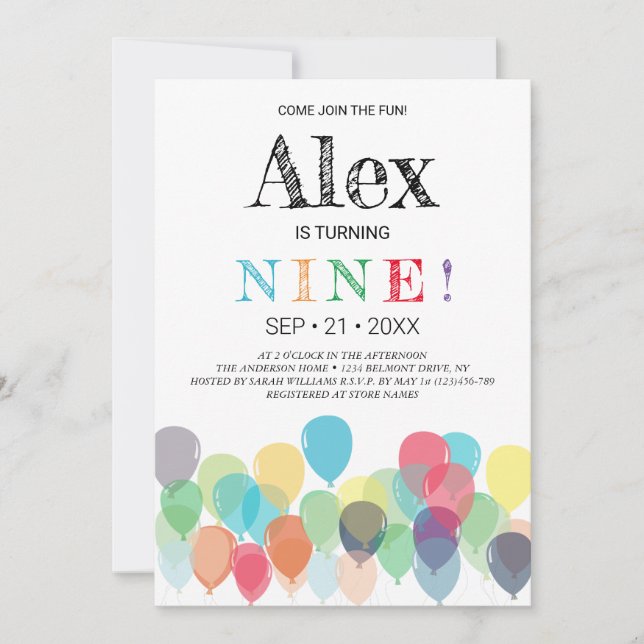 9.ª invitación a la fiesta de los globos de cumple (Anverso)