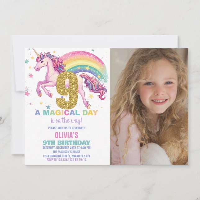 9.ª invitación a unicornio por cumpleaños con foto (Anverso)