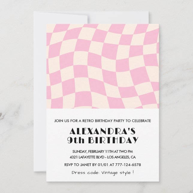 9.ª invitación al cumpleaños Checkered Retro Pink (Anverso)