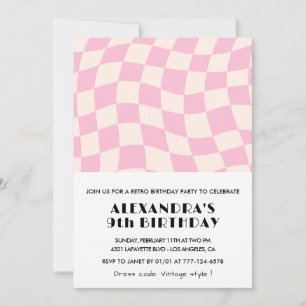 9.ª invitación al cumpleaños Checkered Retro Pink