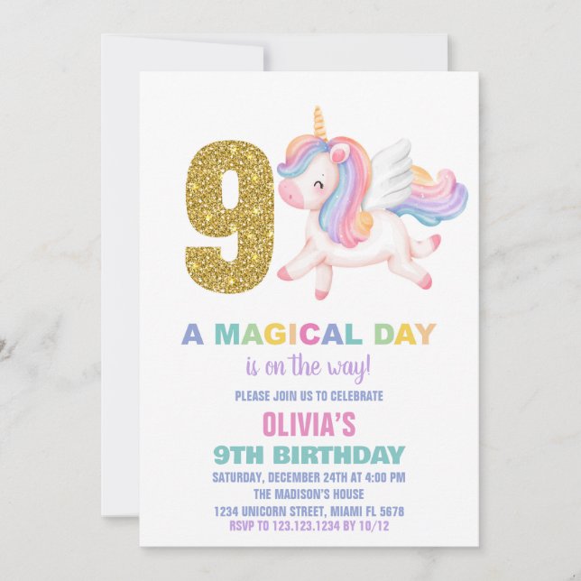 9.ª invitación de cumpleaños de Rainbow Unicorn (Anverso)