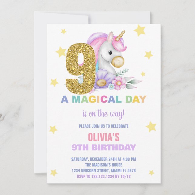 9.ª Invitación de cumpleaños de Unicornio floral (Anverso)