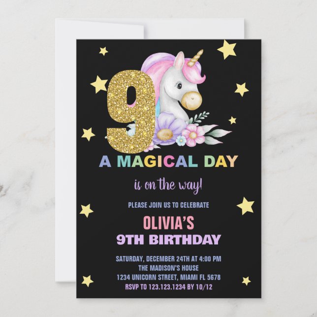 9.ª Invitación de cumpleaños de Unicornio floral (Anverso)