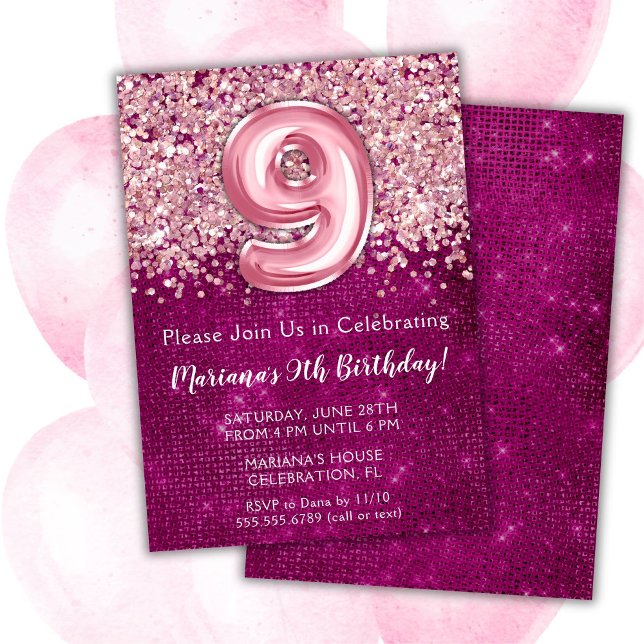 9.ª invitación de cumpleaños Purpurina rosa Girly  (Subido por el creador)