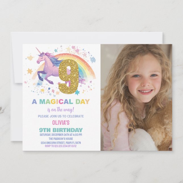 9.ª invitación de unicornio para el cumpleaños con (Anverso)