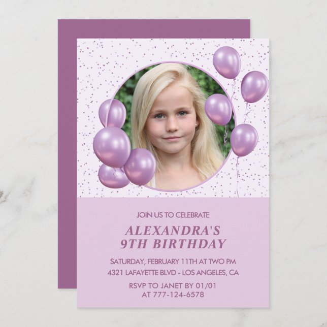 9.ª invitación para el cumpleaños Globos Foto Púrp (Anverso / Reverso)