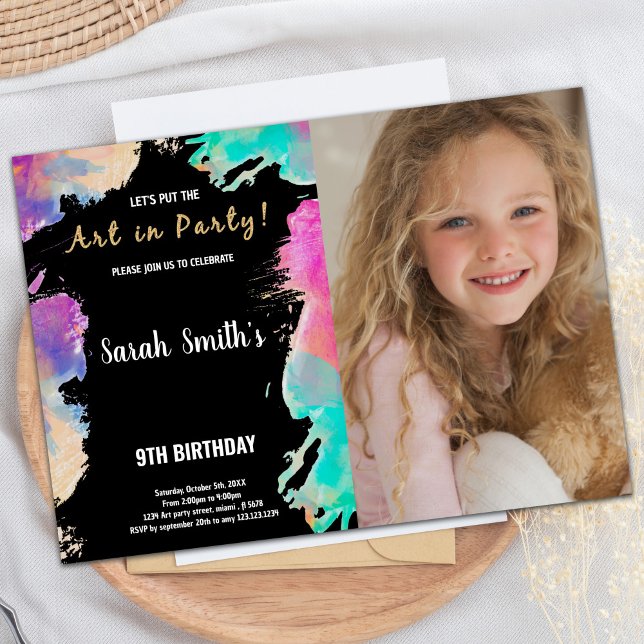 9.ª Pinta de fotos Black Purple Invitaciones de cu (9th Black Purple Photo Paint Birthday Invitations)