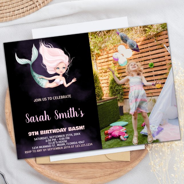 9.ª sirena rubia invitaciones de cumpleaños con fo (9th Blond Mermaid Birthday Invitations With Photo)
