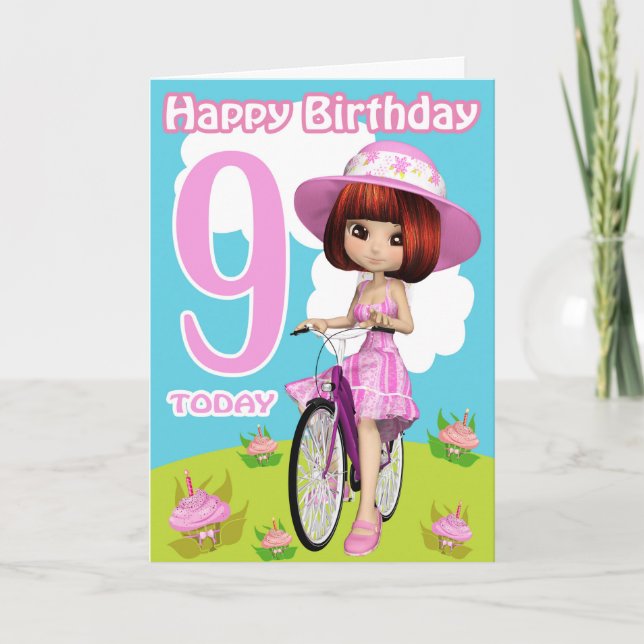 9.ª Tarjeta De Cumpleaños Bonito Niña En Una Bicic (Anverso)