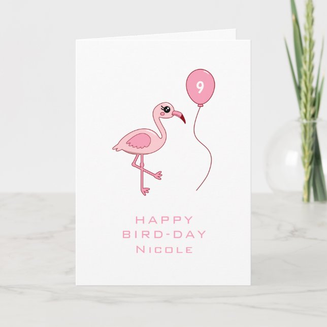9.ª tarjeta de cumpleaños Pink Flamingo Happy Bird (Anverso)