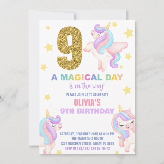 9.ª unicornio arcoiris invitaciones a los cumpleañ (Anverso)