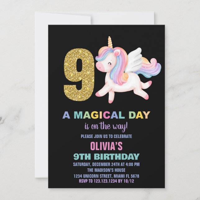 9.ª unicornio arcoiris invitaciones de cumpleaños  (Anverso)