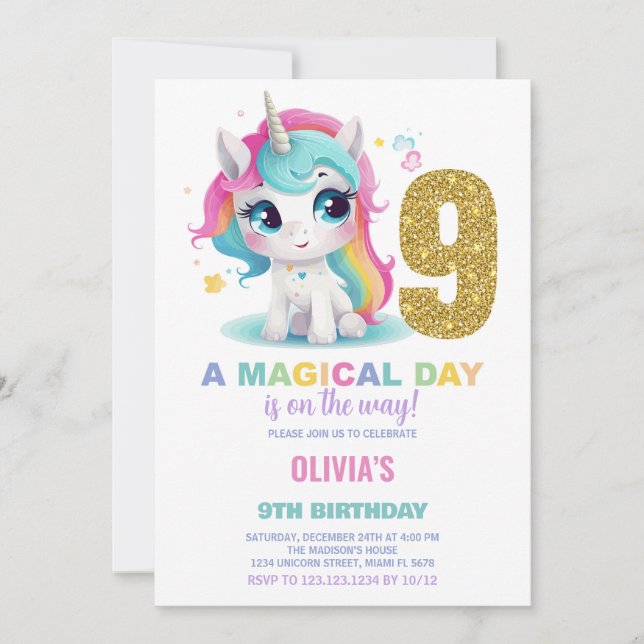 9.º cumpleaños de unicornio invitaciones de cumple (Anverso)