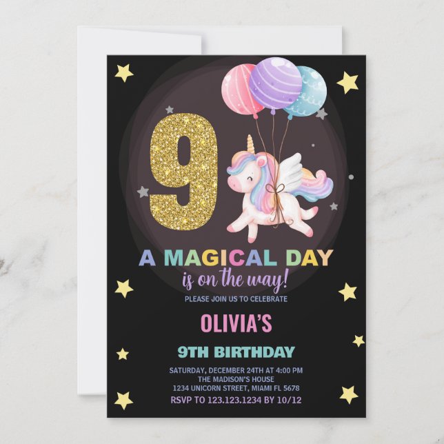 9.º cumpleaños de unicornio invitaciones de cumple (Anverso)