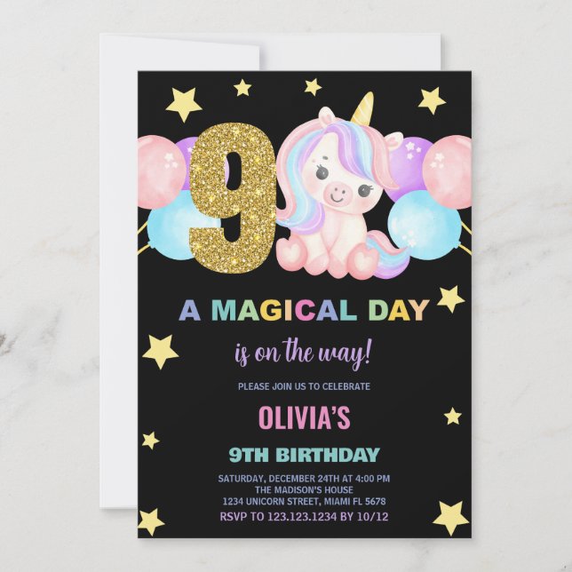 9.º cumpleaños de unicornio invitaciones de cumple (Anverso)
