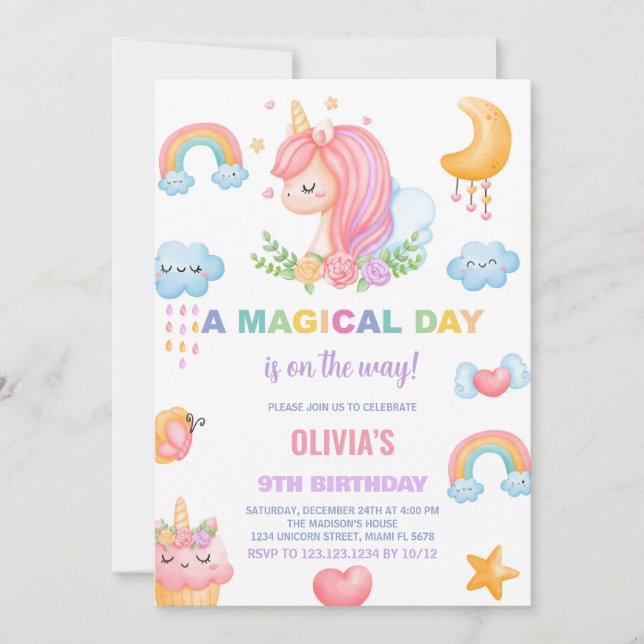 9.º cumpleaños de unicornio invitaciones de cumple (Anverso)