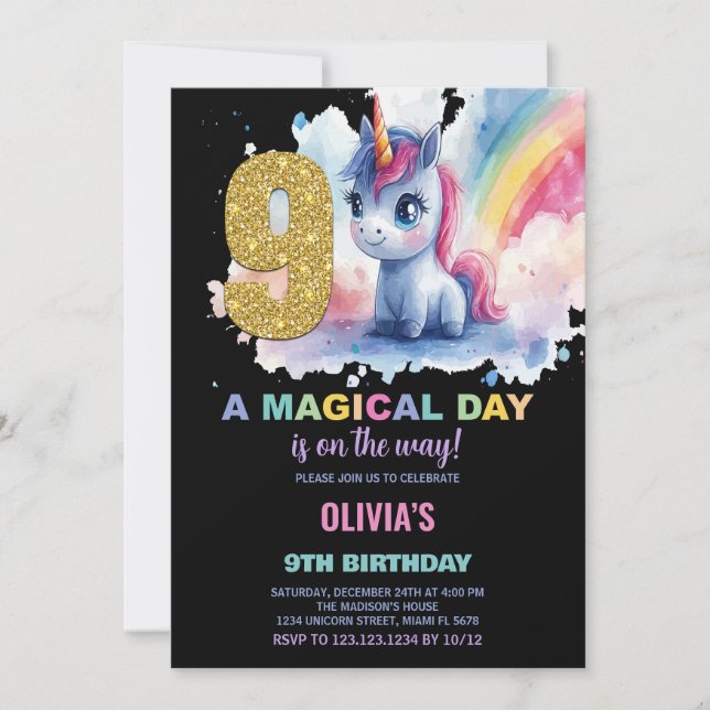 9.º cumpleaños de unicornio invitaciones de cumple (Anverso)