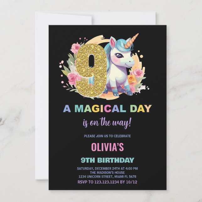 9.º cumpleaños de unicornio invitaciones de cumple (Anverso)