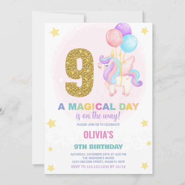 9.º cumpleaños de unicornio invitaciones de cumple (Anverso)