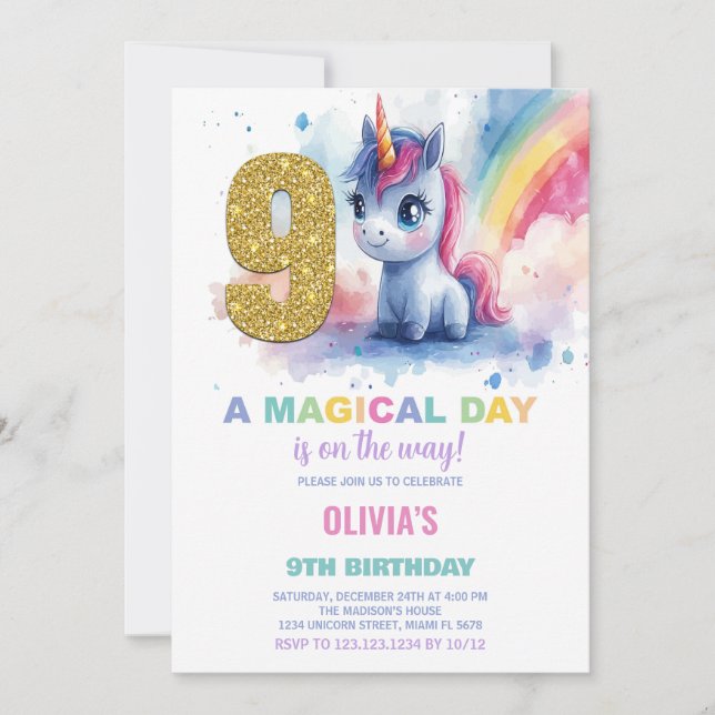 9.º cumpleaños de unicornio invitaciones de cumple (Anverso)