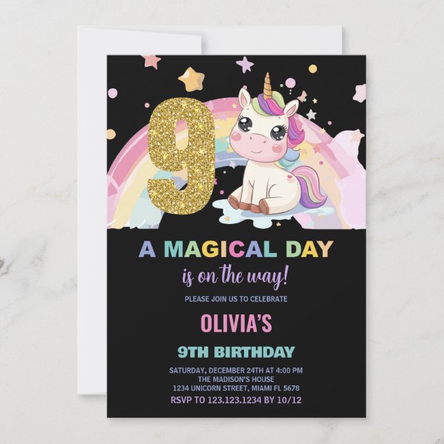 9.º cumpleaños de unicornio invitaciones de cumple (Anverso)