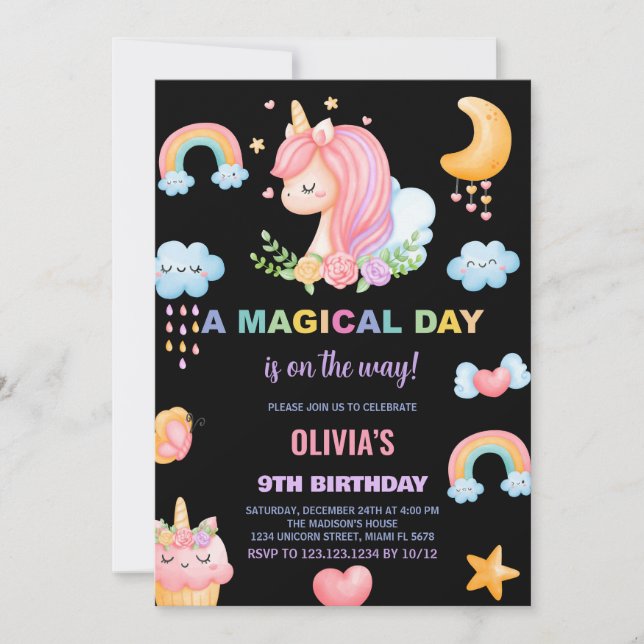 9.º cumpleaños de unicornio invitaciones de cumple (Anverso)