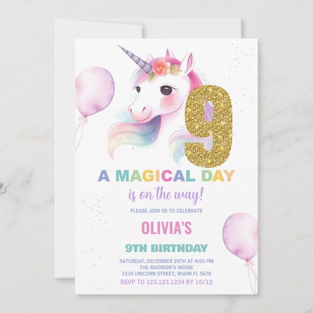 9.º cumpleaños de unicornio invitaciones de cumple (Anverso)