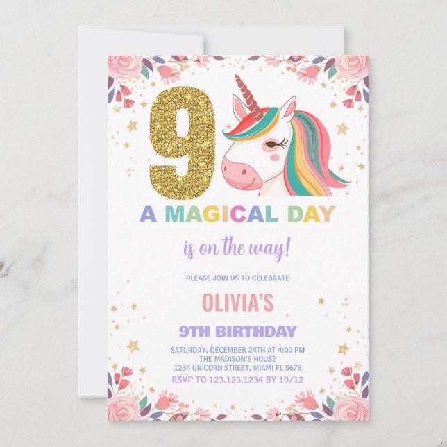 9.º cumpleaños de unicornio invitaciones de cumple (Anverso)