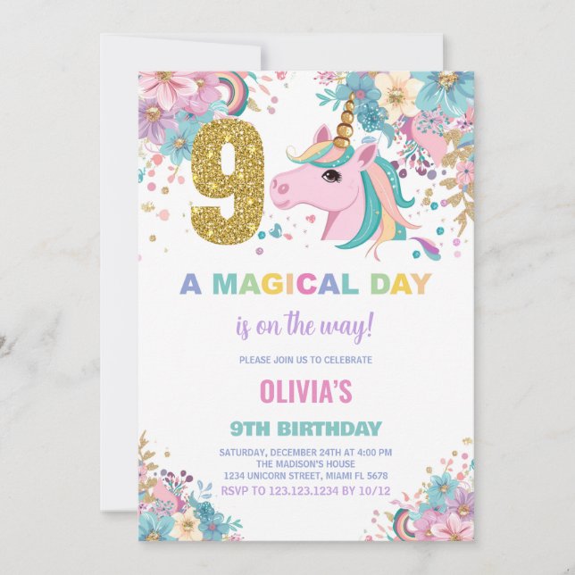 9.º cumpleaños de unicornio invitaciones de cumple (Anverso)
