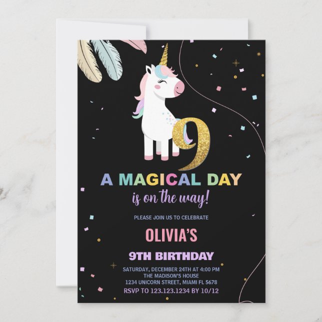 9.º cumpleaños de unicornio invitaciones de cumple (Anverso)