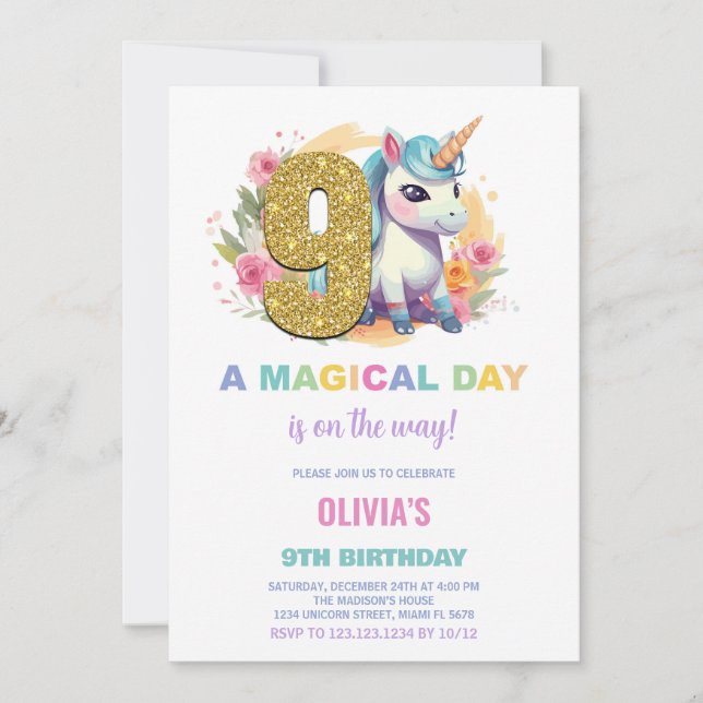 9.º cumpleaños de unicornio invitaciones de cumple (Anverso)