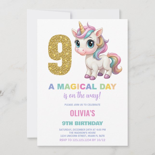 9.º cumpleaños de unicornio invitaciones de cumple (Anverso)