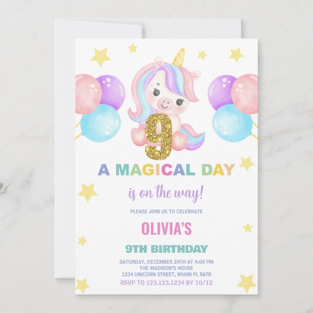 9.º cumpleaños de unicornio invitaciones de cumple (Anverso)