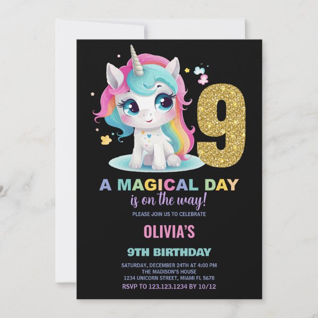 9.º cumpleaños de unicornio invitaciones de cumple (Anverso)