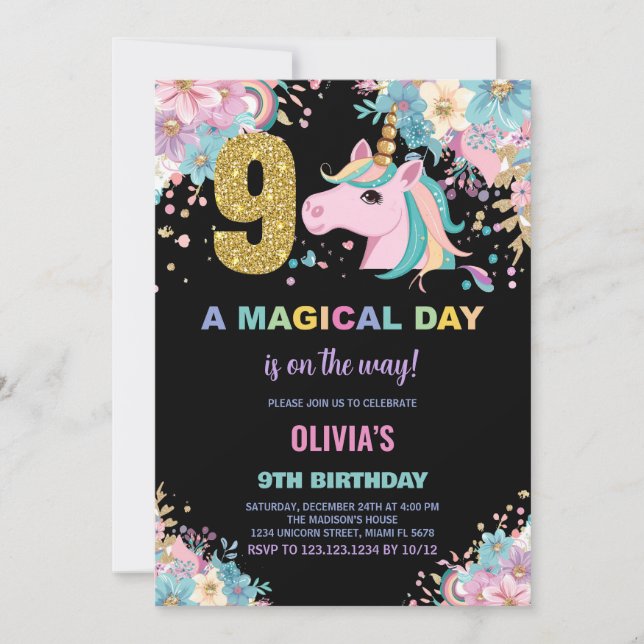 9.º cumpleaños de unicornio invitaciones de cumple (Anverso)