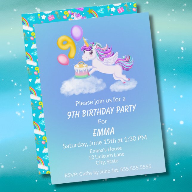 9.º Cumpleaños Unicornio Con Invitación A Pastel (Subido por el creador)
