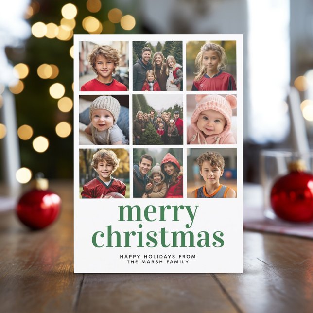 9 Collage de fotos Feliz Navidad verde yeso rojo (9 Photo Christmas Card with Plaid Background)