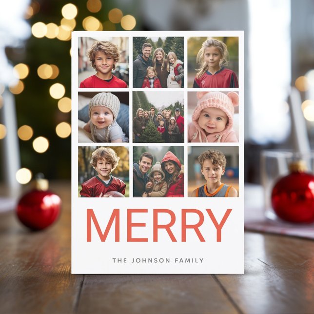 9 Foto Rojo Alegre Moderno Navidad Acuarela (Add 9 Photos to this modern, minimal online Christmas Card. Watercolor back design)