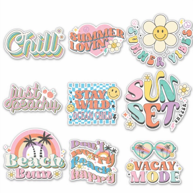 9 Pegatinas Retro Tropicales de Verano de Playa Ne (Anverso)