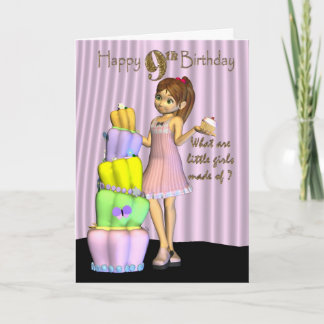 9no Cumpleaños, niña de la tarjeta del feliz