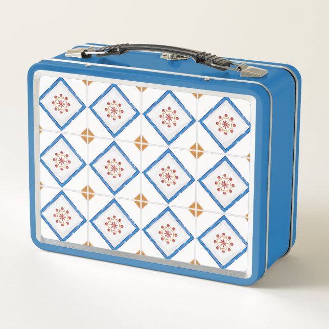 A blue metal lunchbox features a geometric tile  (Reverso)