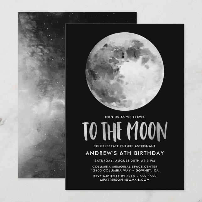 A La Luna | Invitación a Fiesta de Cumpleaños (Anverso / Reverso)