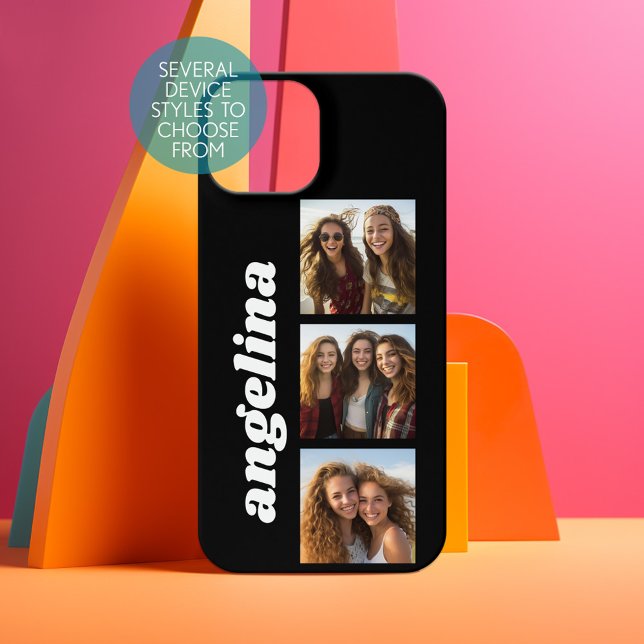 A la moda 3 fotos y nombre - puede cambiar el negr (Personalized Phone Case with photos)