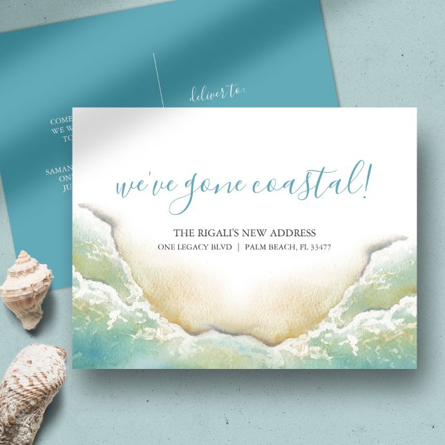 A La Playa Nueva Dirección Invitación De Movimient (Moving announcement postcard features watercolor seashore art by Victoria Grigaliunas)