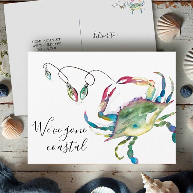 A La Playa Nueva Invitación De Vivienda En Movimie (beach moving postcards watercolor blue crab with Christmas lights art by Victoria Grigaliunas)