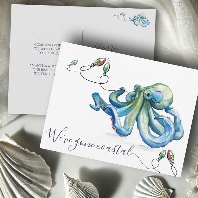 A La Playa Nueva Invitación De Vivienda En Movimie (Beach Christmas moving announcements cards watercolor octopus art Victoria Grigaliunas DoTellABelle)
