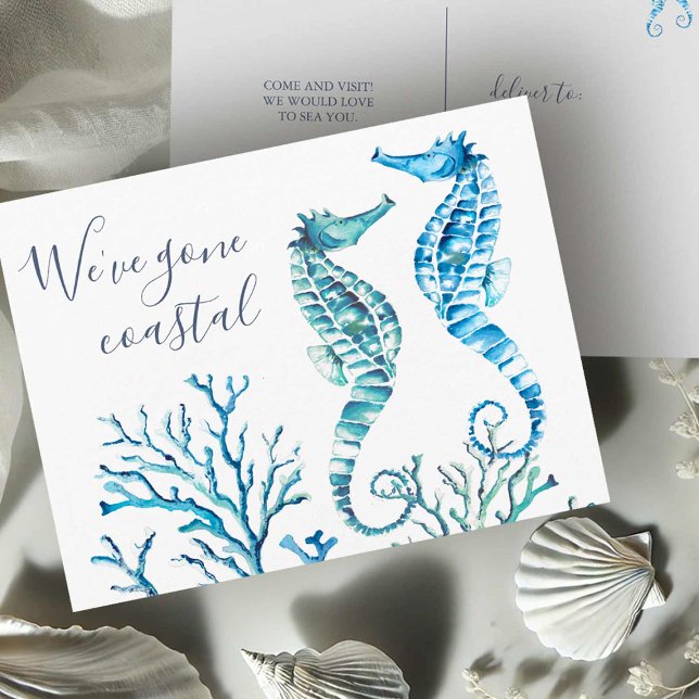 A La Playa Nueva Invitación De Vivienda En Movimie (Beach moving announcement postcards watercolor seahorses by Victoria Grigaliunas Do Tell A Belle)