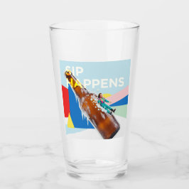 A playful “Sip Happens” drink glass
