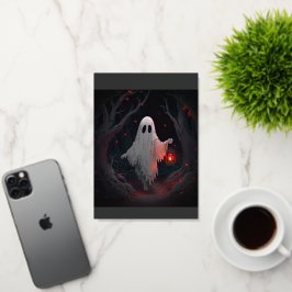 A white ghost holding a red lantern with red leave